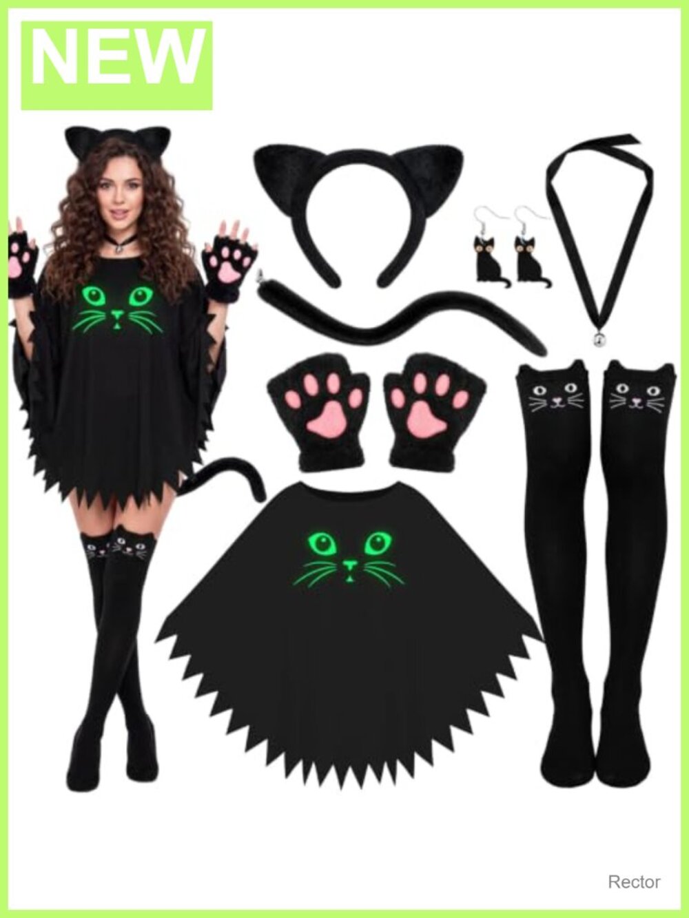 Glow in the Dark Black Cat Costume Set Cape Ears Tail Gloves Choker Socks